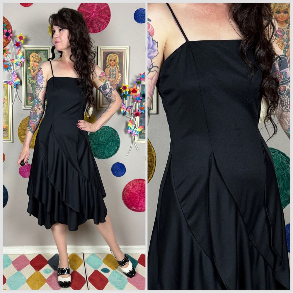 Vintage 1970s Black Sleeveless Ruffle Slipdress
